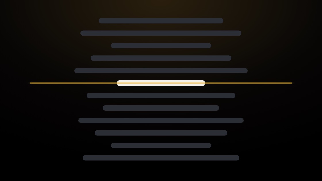 A lit teleprompter screen with a gold reading line across a short list of tips