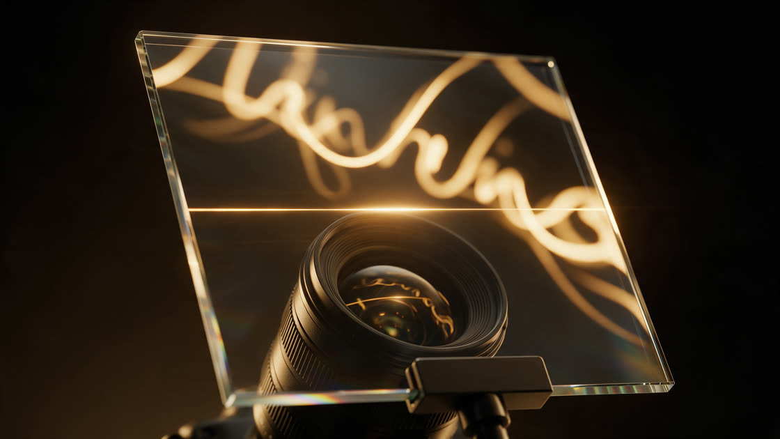 A camera lens behind angled teleprompter glass reflecting glowing golden lines of text