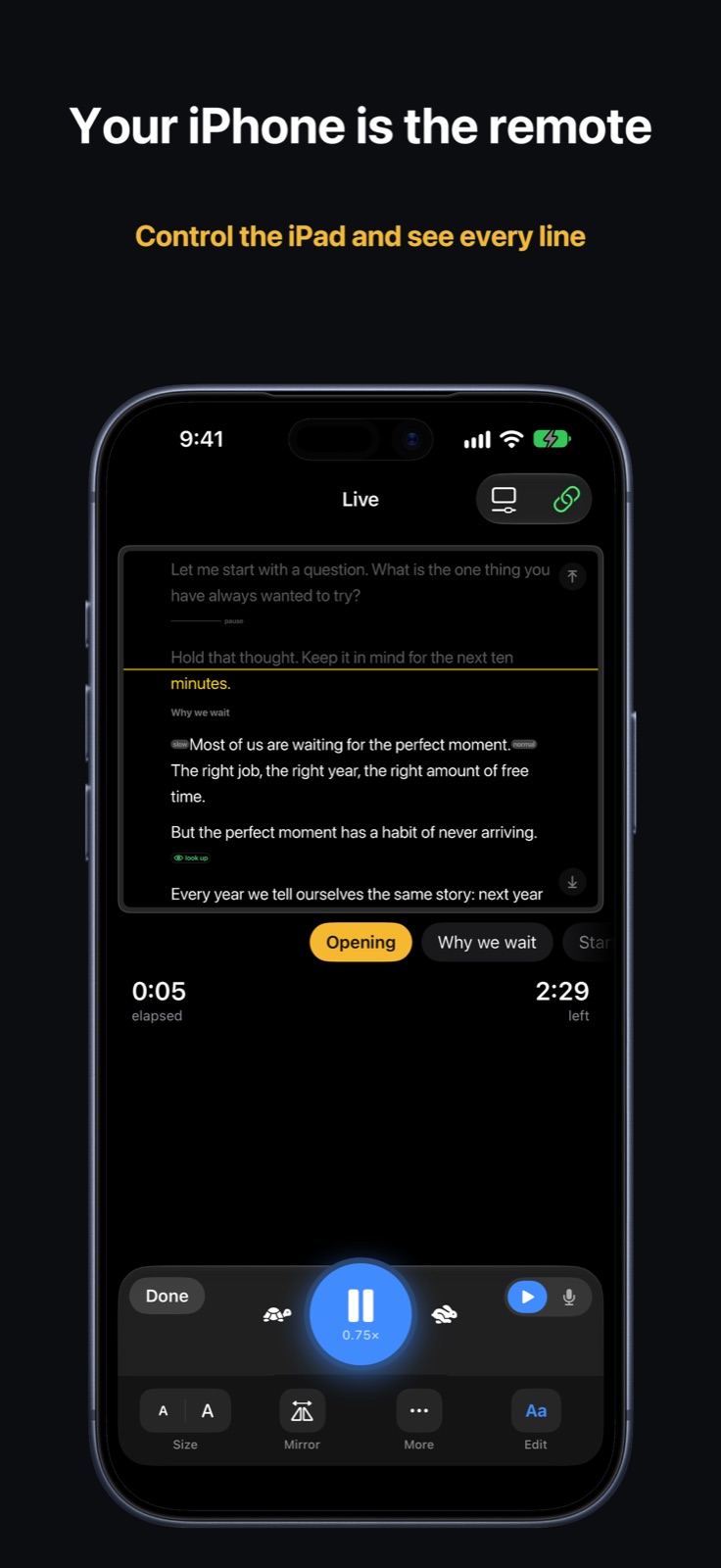 The iPhone remote showing the iPad's script